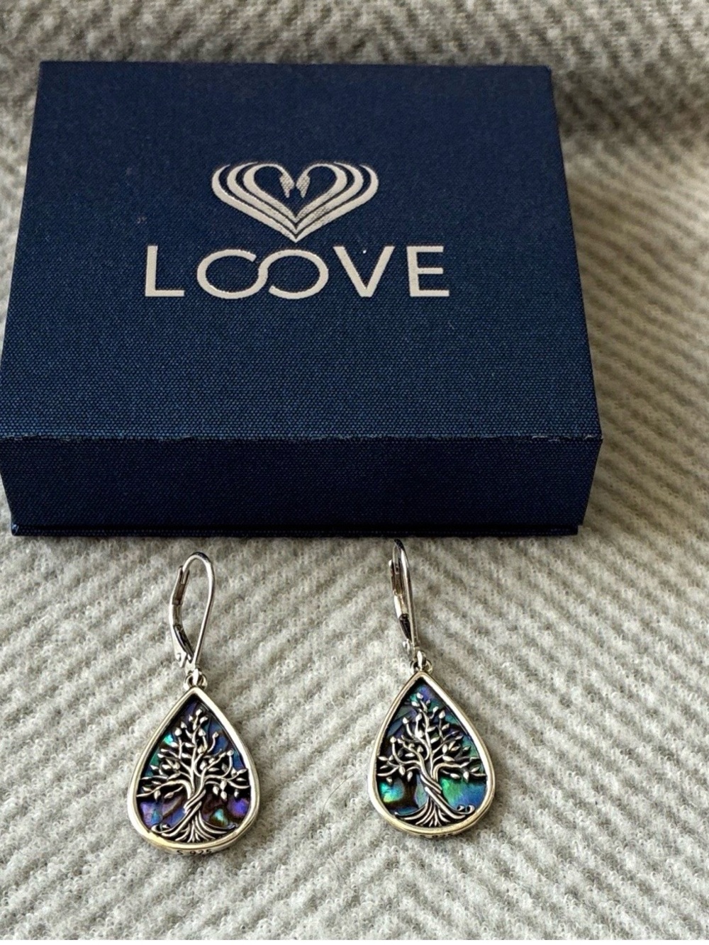 Silver Teardrop Tree of Life Earrings with Abalone Inlay - Blue/Green